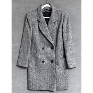 Vintage Alorna Coat M Gray Wool Herringbone Double Breasted Pea Classic Overcoat